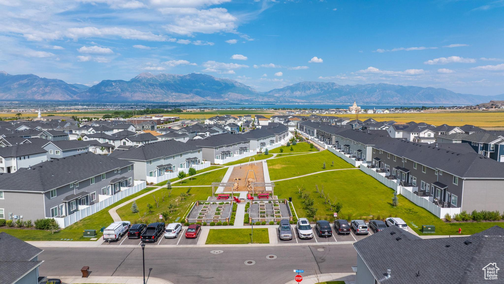 Aerial view of residential area with a mountain backdrop