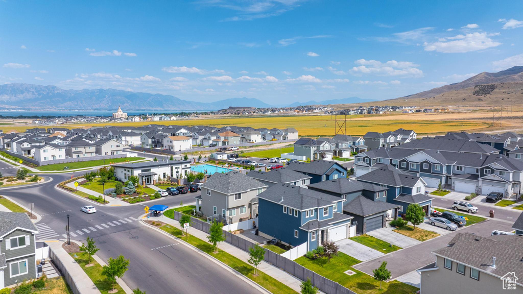 Aerial perspective of suburban area featuring mountains