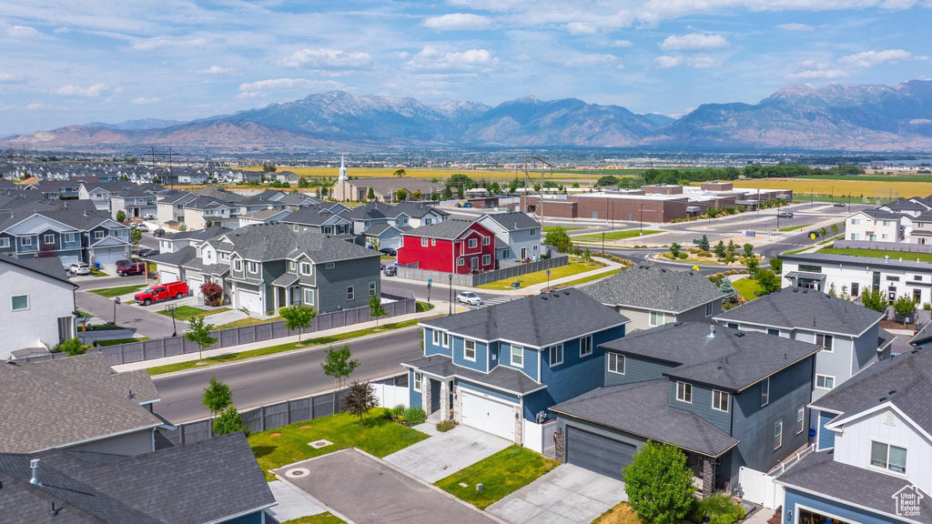 Aerial perspective of suburban area featuring mountains