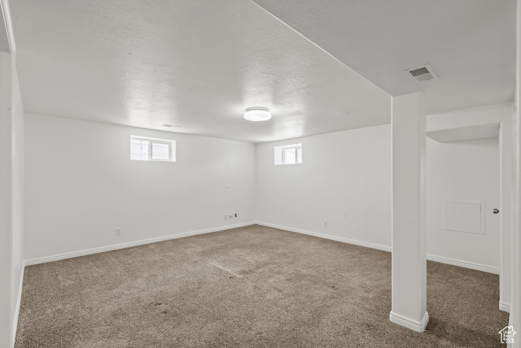 Basement with carpet floors, plenty of natural light, and a textured ceiling