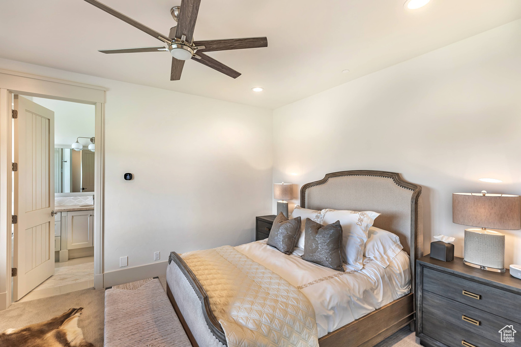 Bedroom with recessed lighting, ensuite bathroom, and a ceiling fan