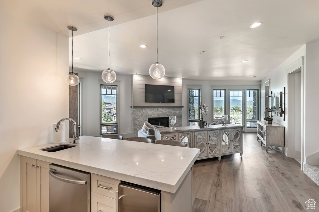 Kitchen with stainless steel dishwasher, recessed lighting, a fireplace, open floor plan, and healthy amount of natural light