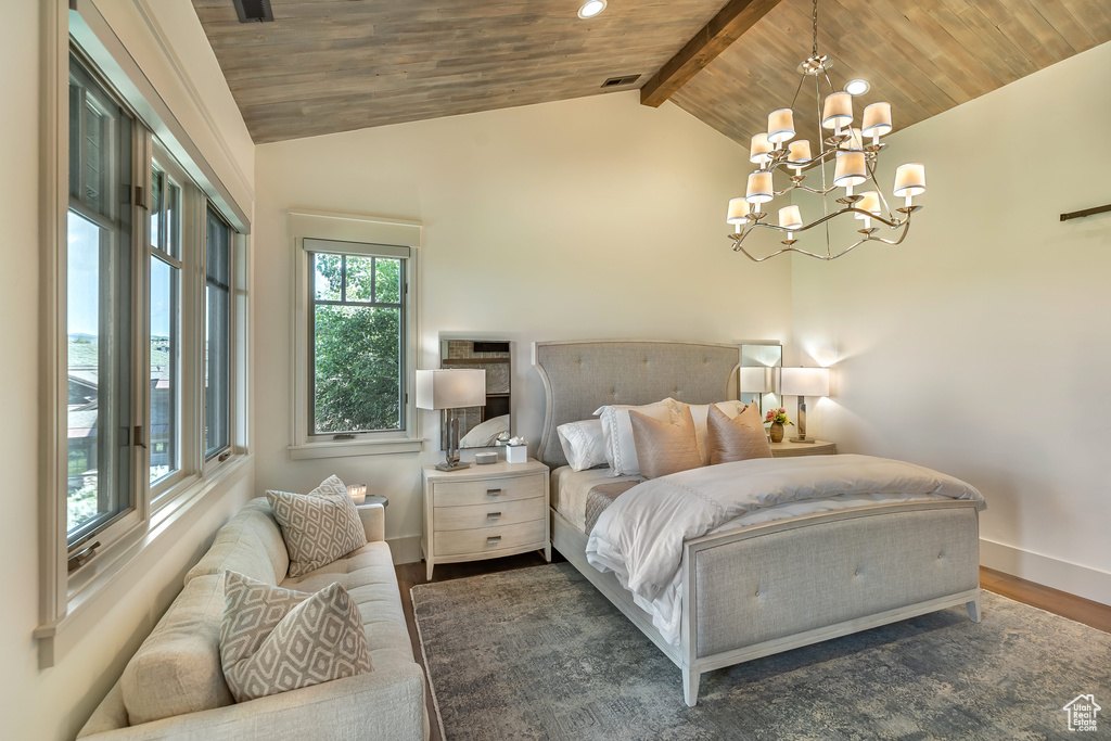 Bedroom featuring wooden ceiling, wood finished floors, a chandelier, and recessed lighting