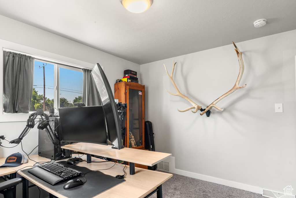 Office area featuring carpet floors and baseboards