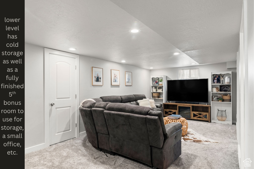 Carpeted living area featuring a textured ceiling and recessed lighting