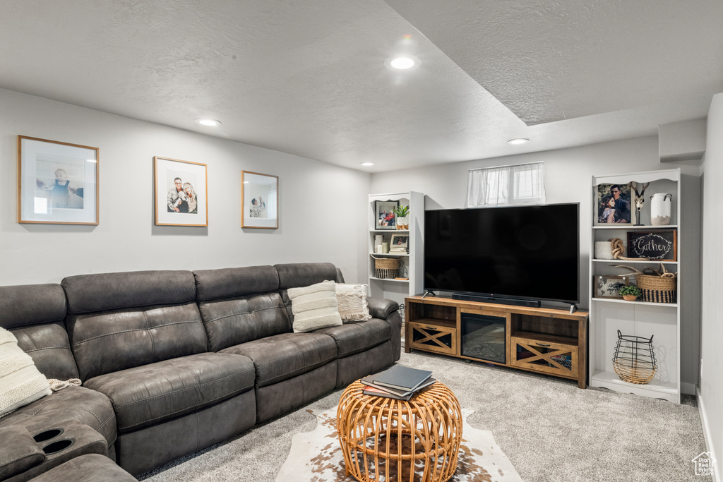 Living area with carpet, recessed lighting, and a textured ceiling