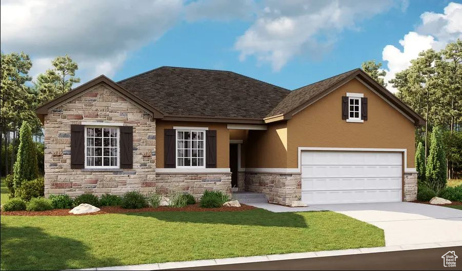 View of front of property featuring stone siding, stucco siding, driveway, a front lawn, and an attached garage