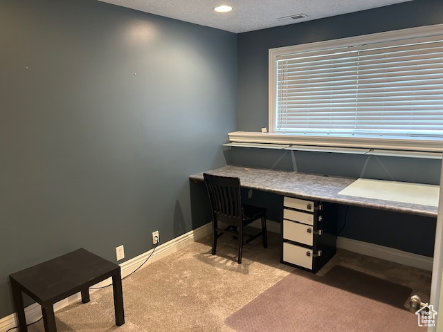 Carpeted office with a textured ceiling and built in desk