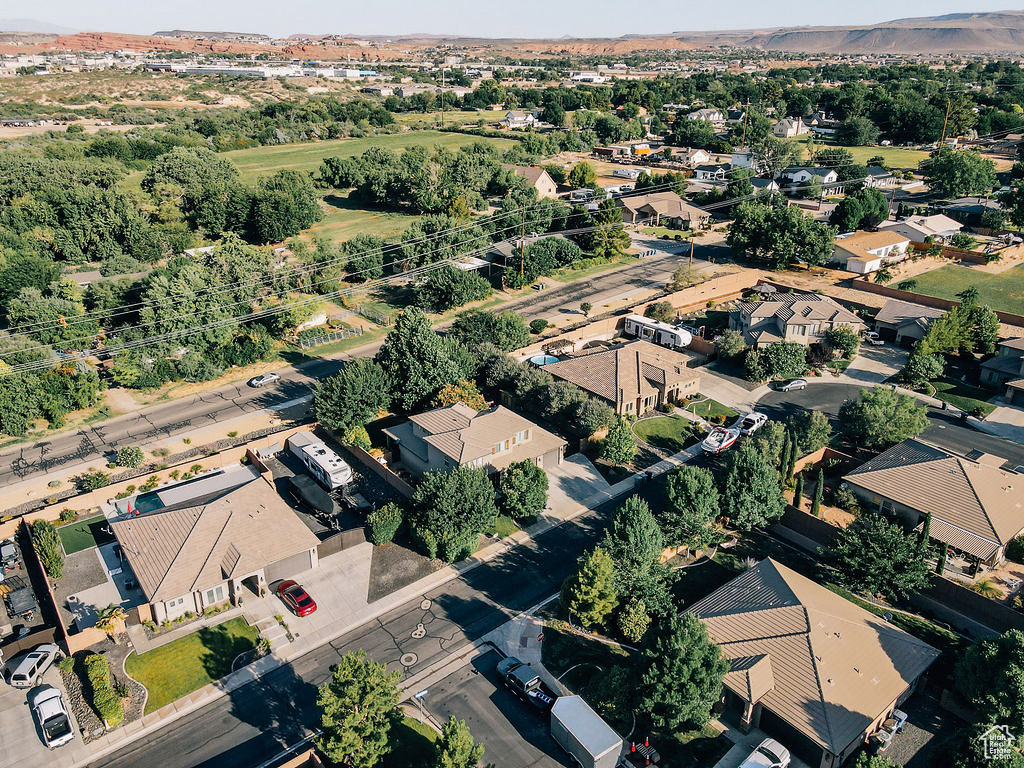 Aerial overview of property\'s location featuring nearby suburban area