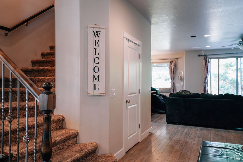 Staircase featuring healthy amount of natural light, hardwood / wood-style floors, a ceiling fan, and recessed lighting