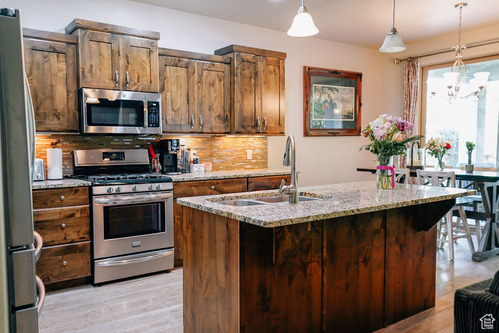 Kitchen with stainless steel appliances, backsplash, a chandelier, pendant lighting, and light wood finished floors