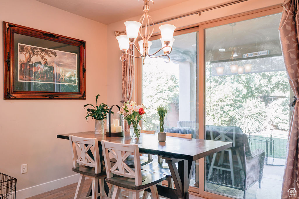 Dining area featuring a chandelier and wood finished floors