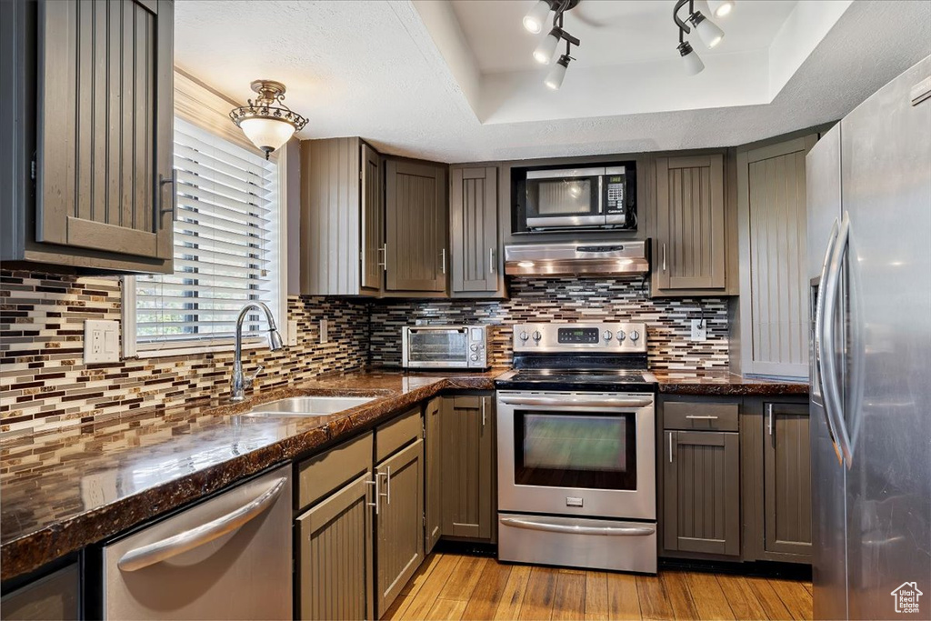 Kitchen featuring appliances with stainless steel finishes, light wood-type flooring, under cabinet range hood, and dark stone countertops