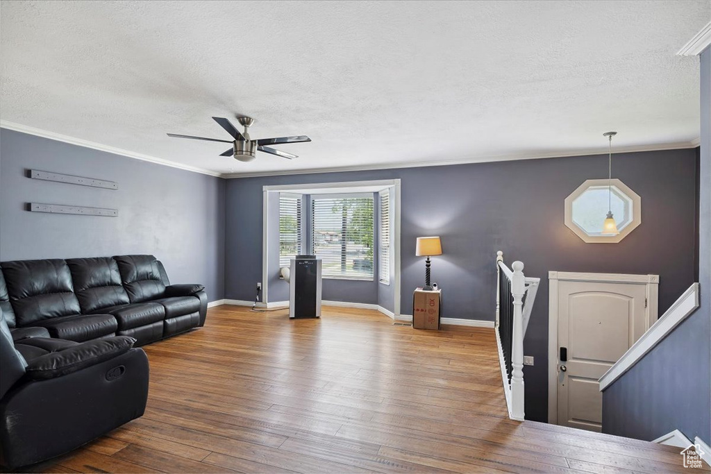 Living area featuring a textured ceiling, wood finished floors, ornamental molding, and a ceiling fan