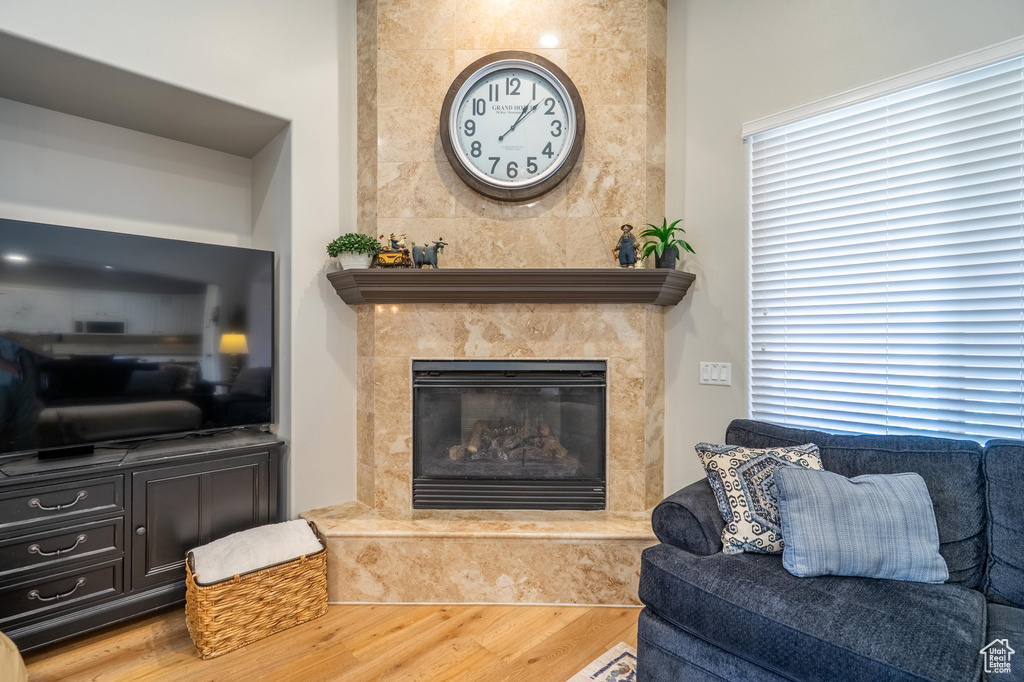 Living room featuring wood finished floors and a premium fireplace