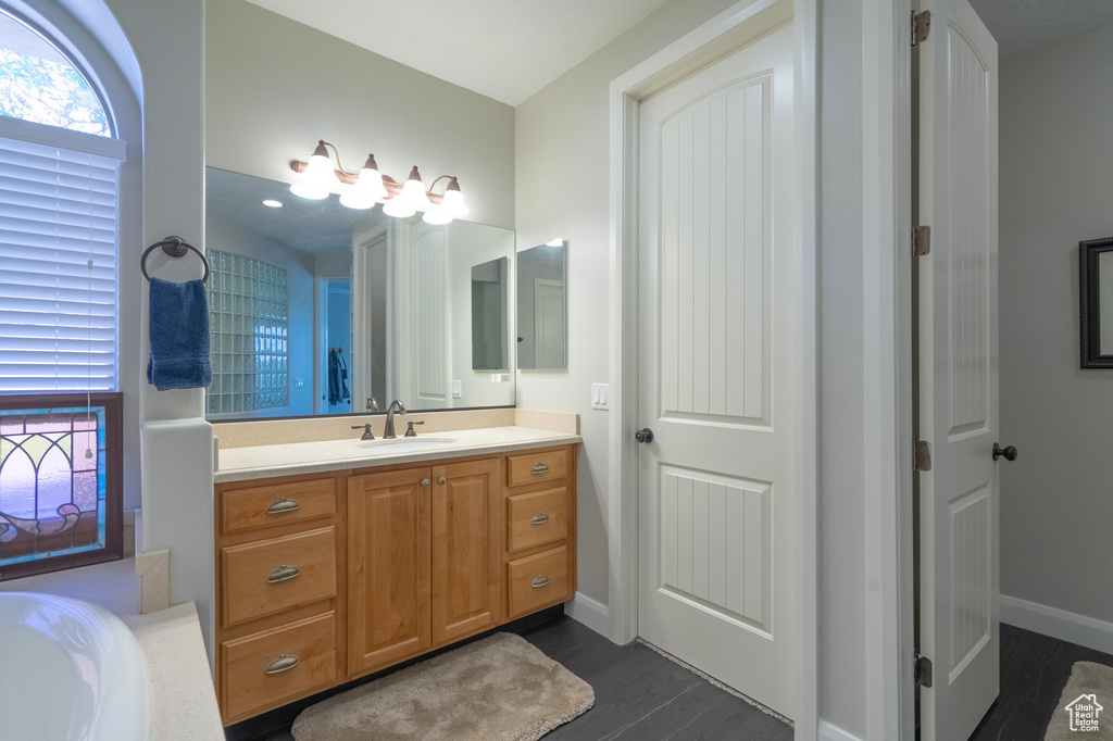 Bathroom with vanity, wood finished floors, plenty of natural light, and a bath