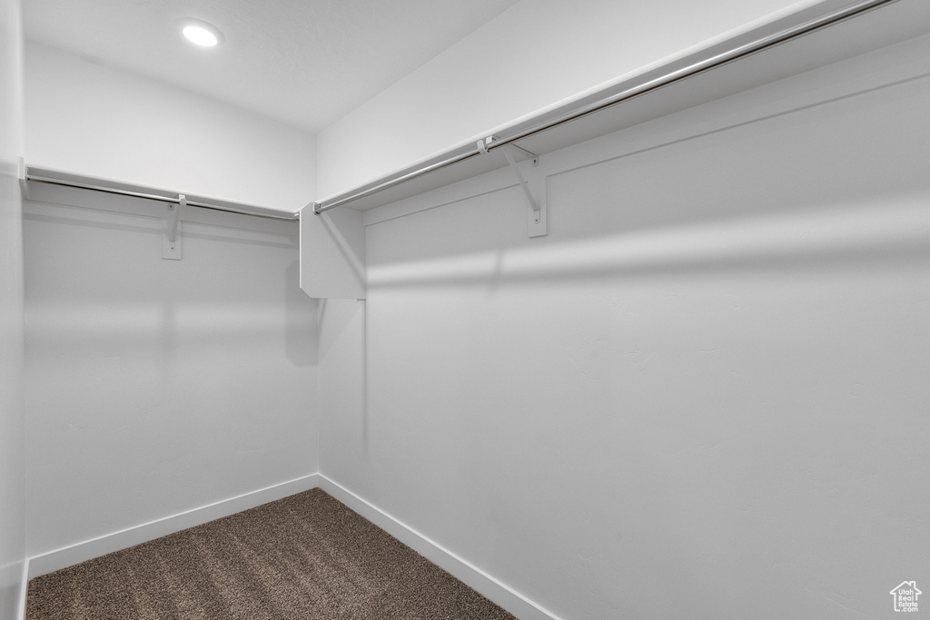 Walk in closet with dark colored carpet