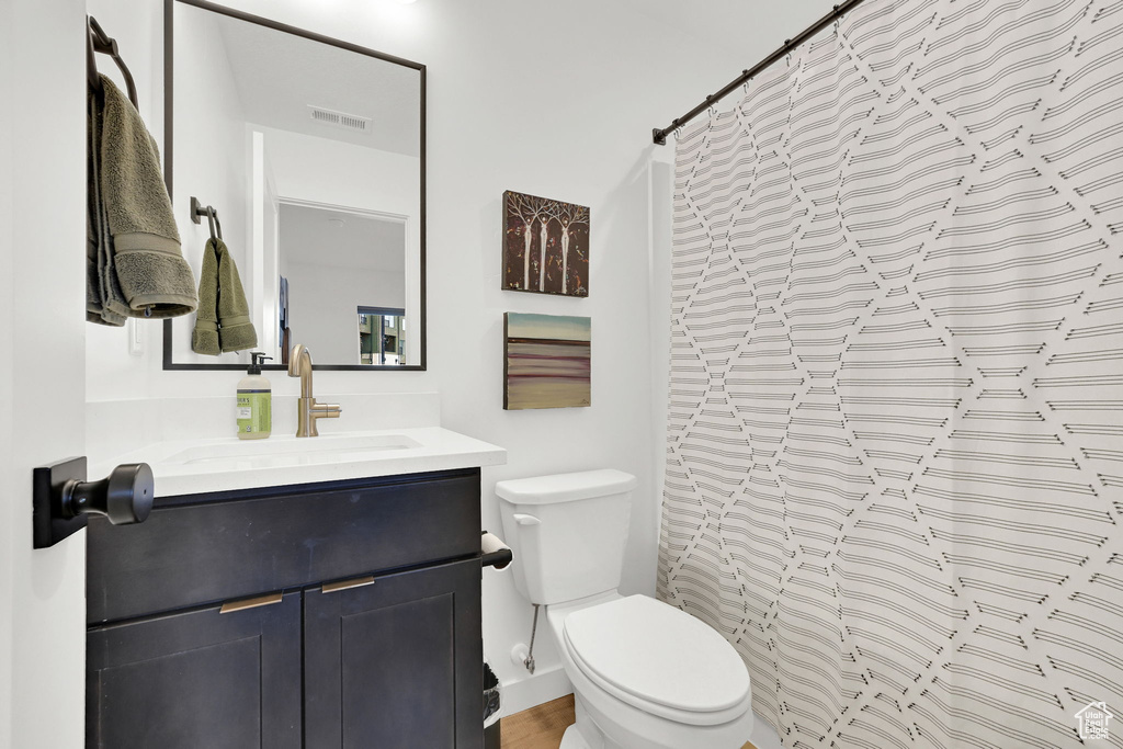 Full bathroom with vanity and a shower with curtain