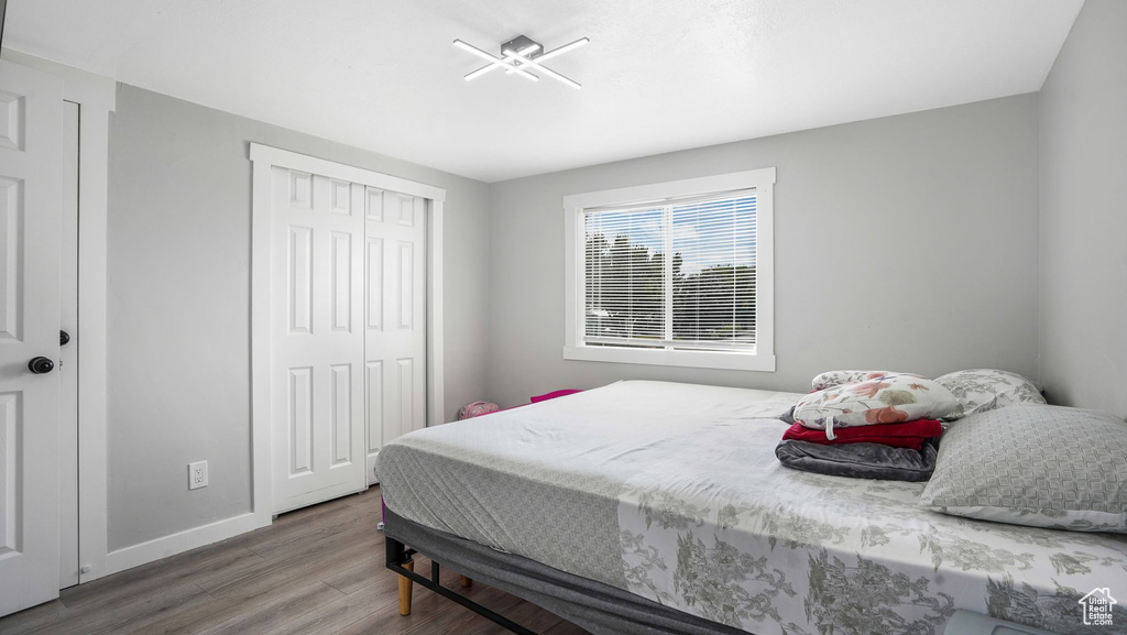 Bedroom with wood finished floors and a closet