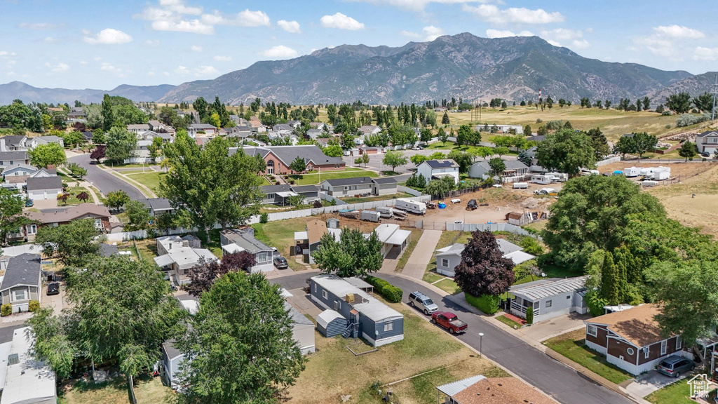 Aerial view of residential area with mountains