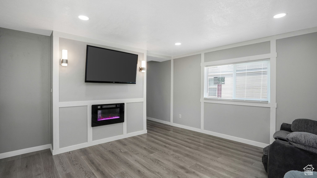 Living room featuring wood finished floors, recessed lighting, and a glass covered fireplace