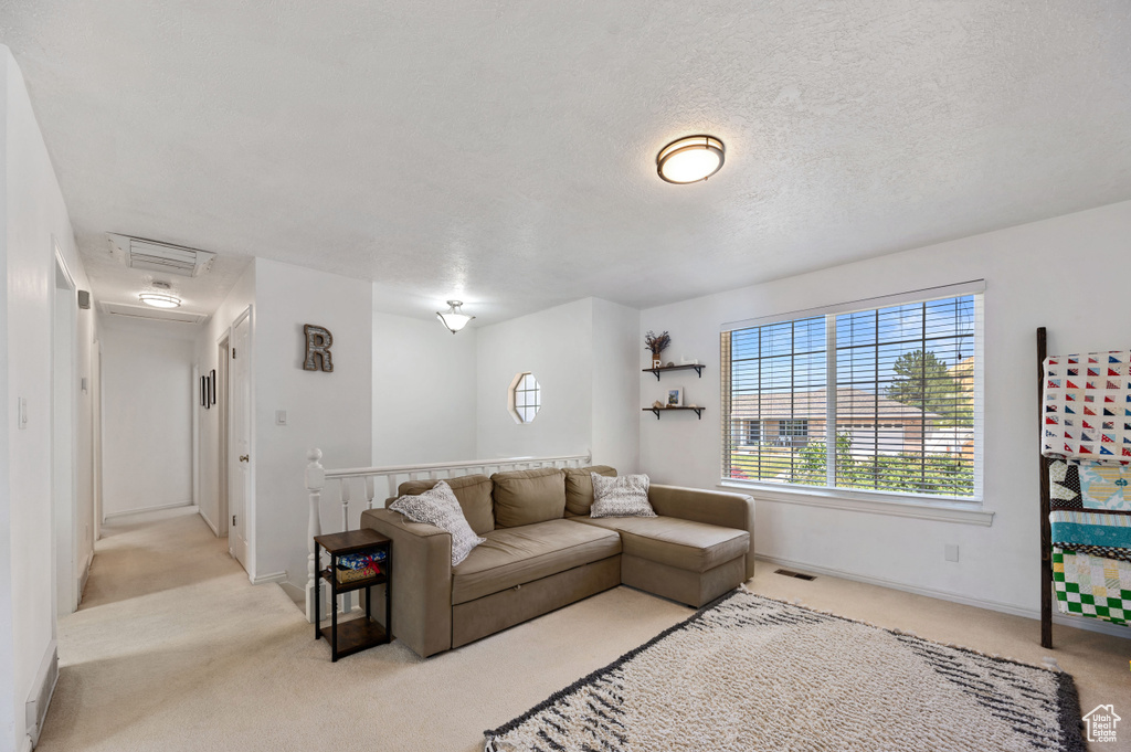 Living area featuring visible vents, baseboards, light carpet, and a textured ceiling