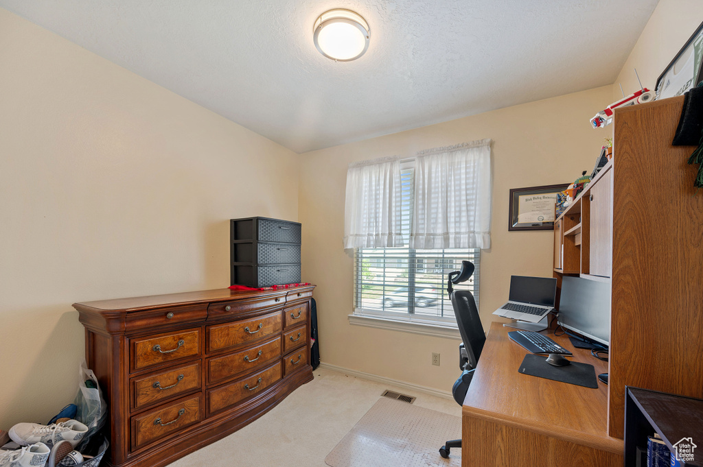 Office area featuring light carpet, baseboards, and visible vents