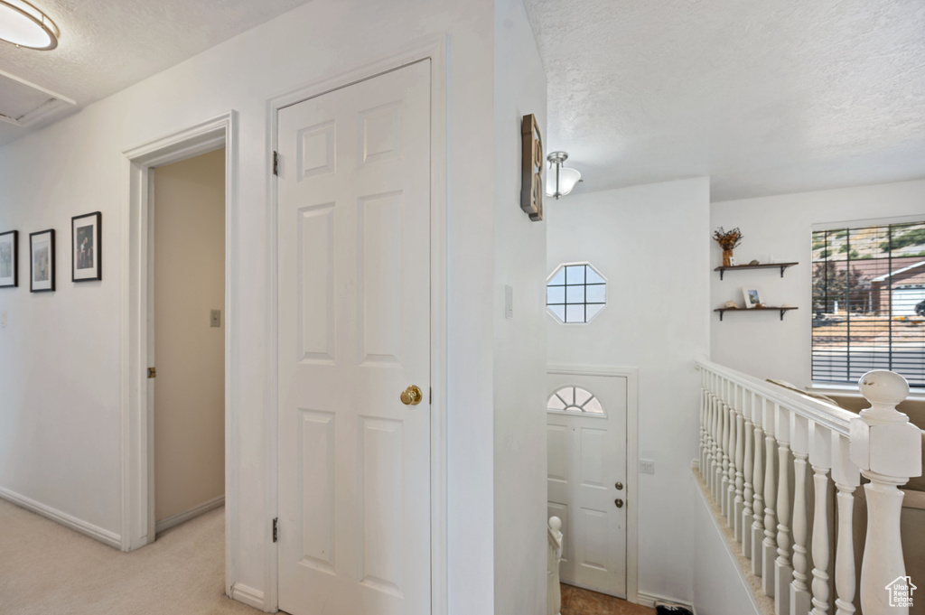 Entrance foyer with light carpet, a textured ceiling, and baseboards