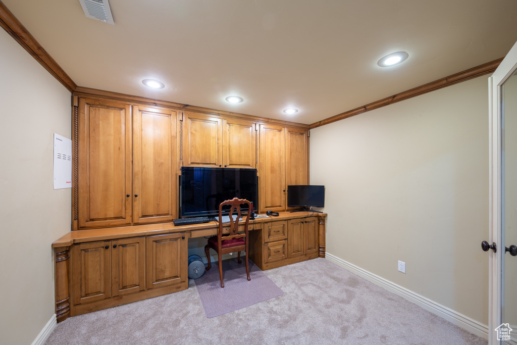 Office space with light colored carpet, recessed lighting, and crown molding