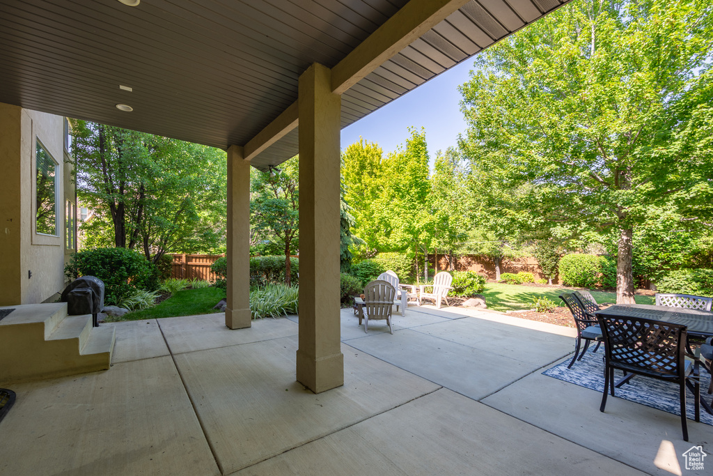 Fenced backyard with outdoor dining area and a patio