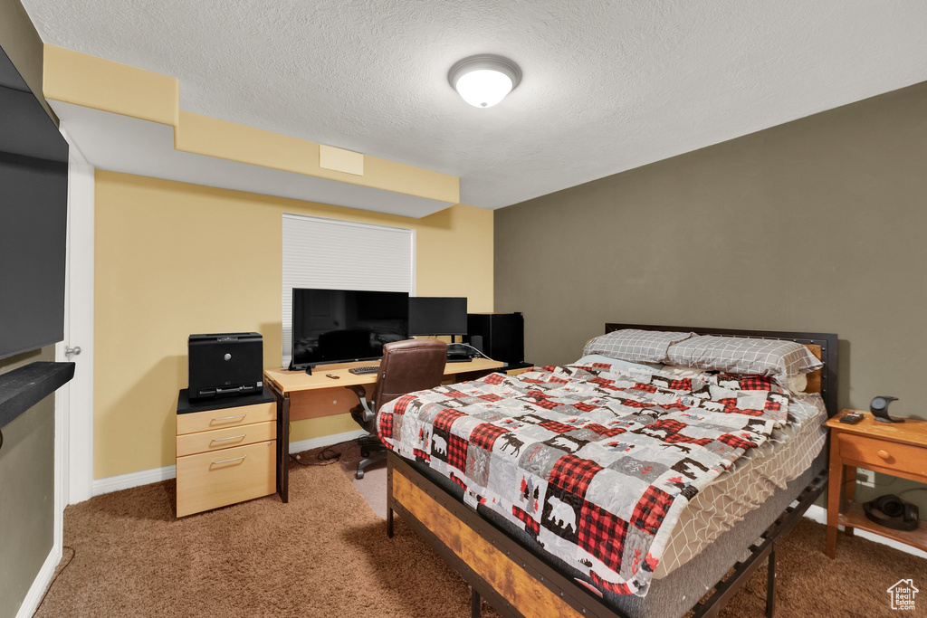 Bedroom featuring carpet and a textured ceiling