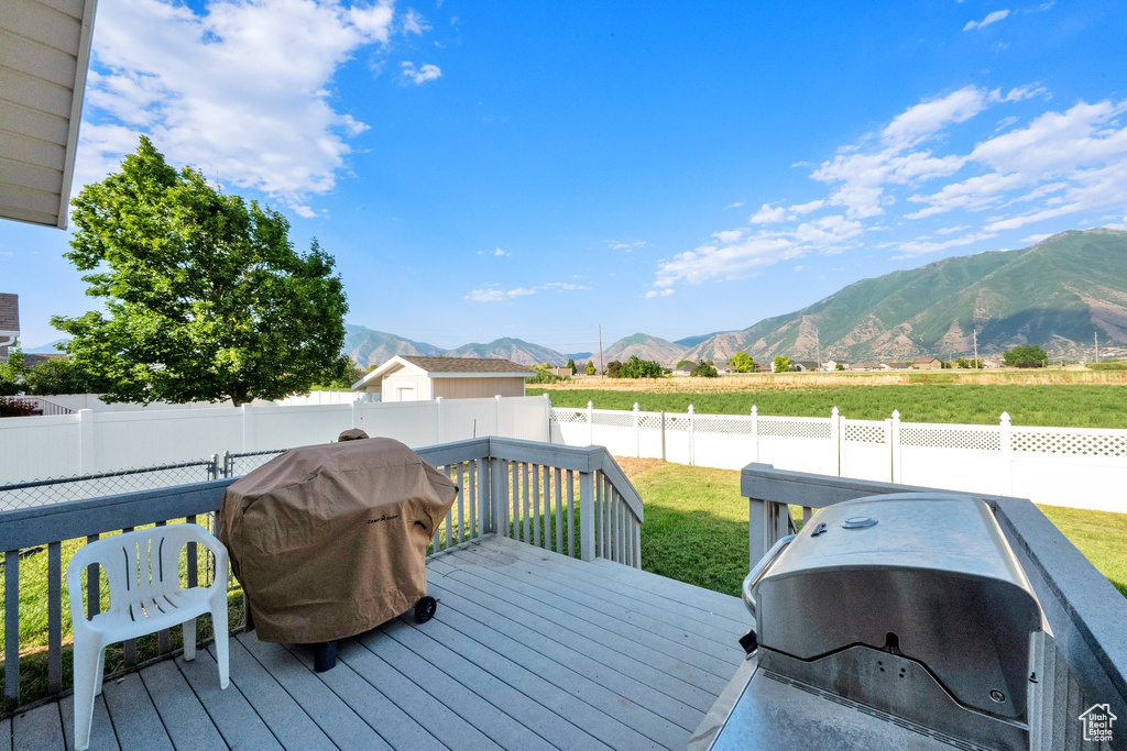 Deck featuring a mountain view, a fenced backyard, and area for grilling
