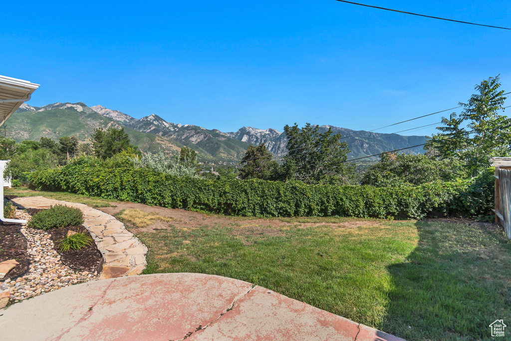 View of yard with a patio area and a mountain view