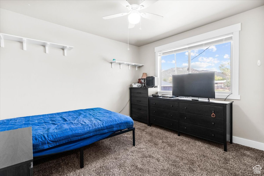Bedroom featuring carpet and ceiling fan