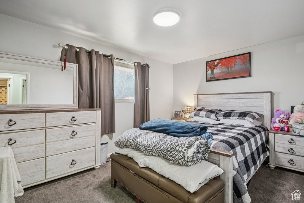 Bedroom with dark colored carpet