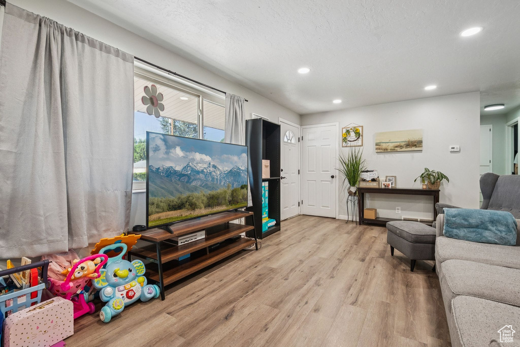 Living area featuring wood finished floors and recessed lighting