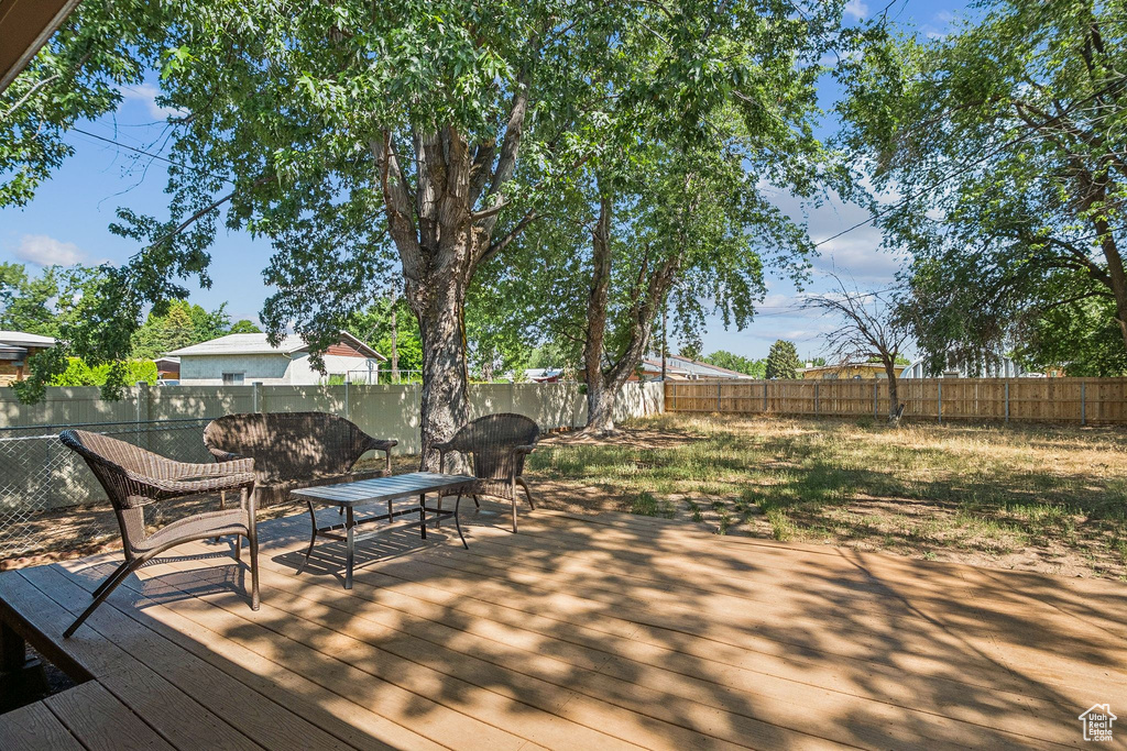 Deck with a fenced backyard