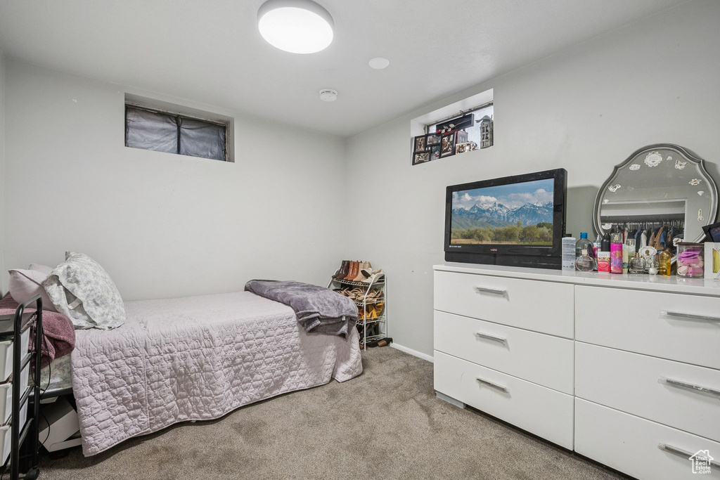 Bedroom with light colored carpet