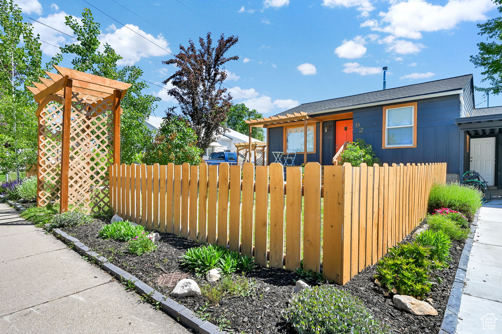 View of front facade with board and batten siding