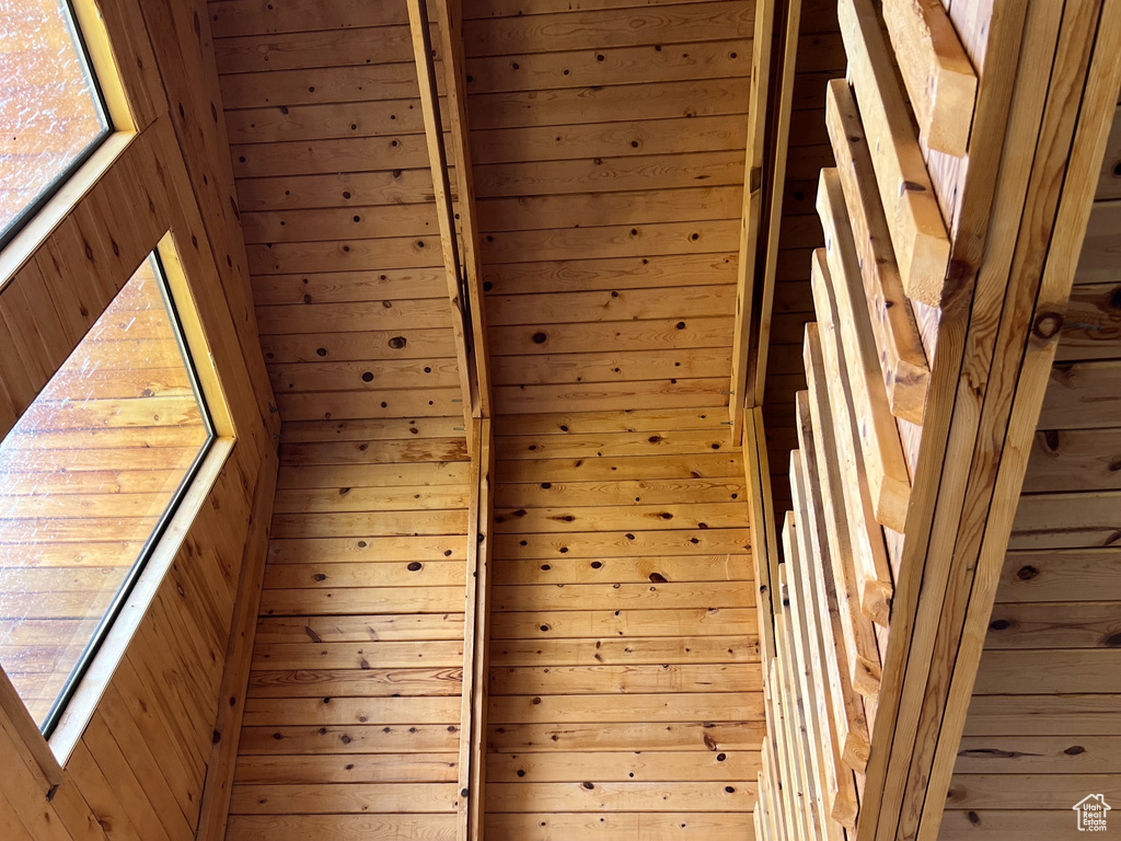 Detailed view of a relaxing sauna and beamed ceiling