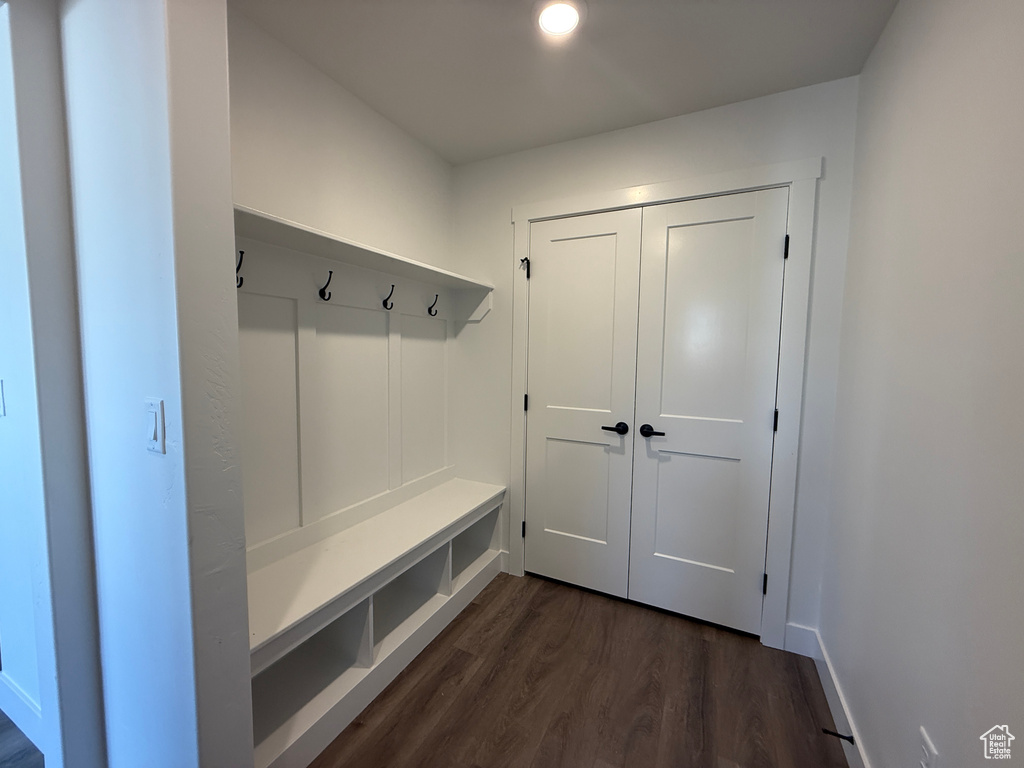 Mudroom with dark wood finished floors and baseboards