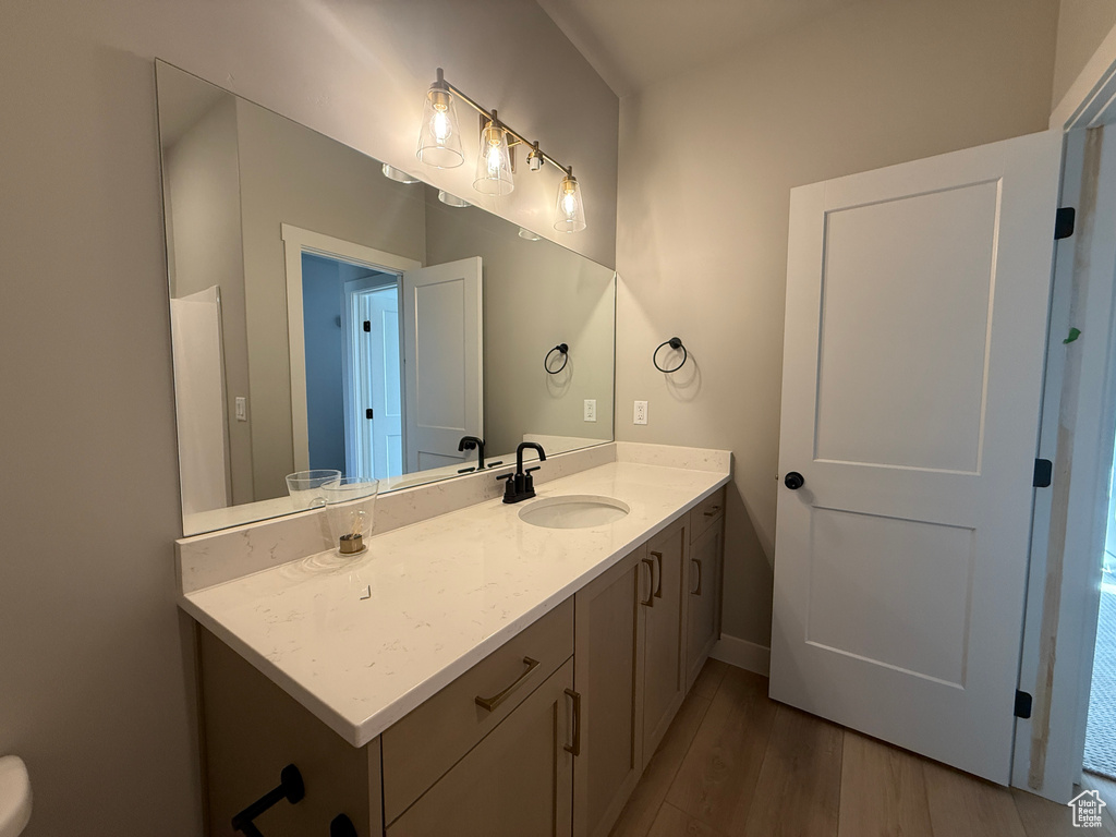 Bathroom with vanity and wood finished floors