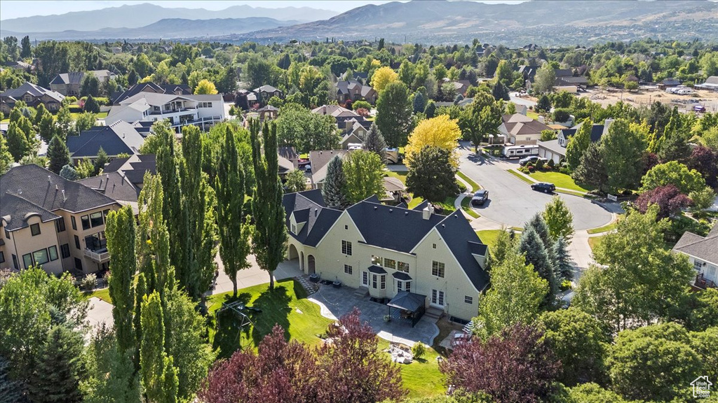 Aerial view of residential area with mountains