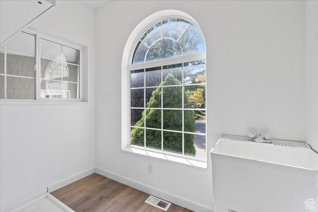 Entryway with healthy amount of natural light and wood finished floors