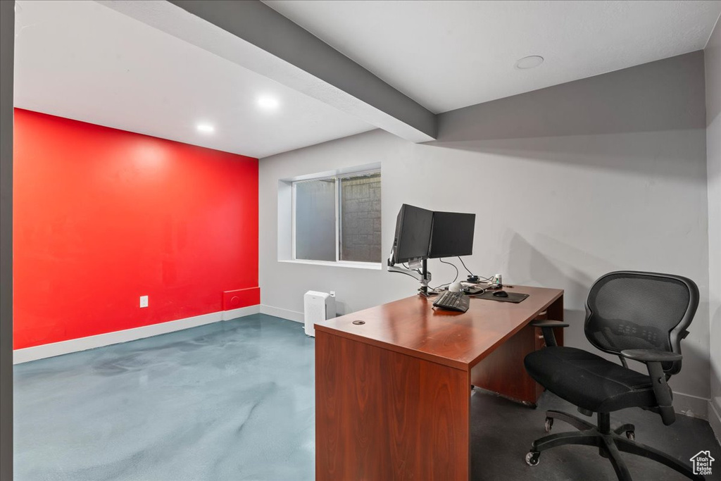 Office with recessed lighting and finished concrete floors