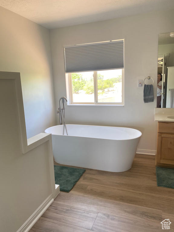 Bathroom with vanity, a freestanding tub, and wood finished floors