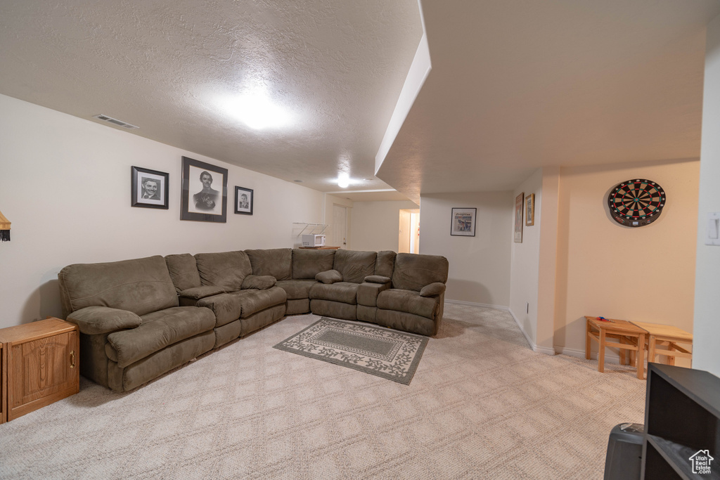 Living room featuring light carpet and a textured ceiling