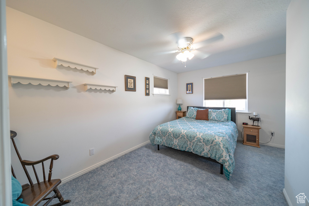 Bedroom featuring multiple windows, carpet floors, and ceiling fan