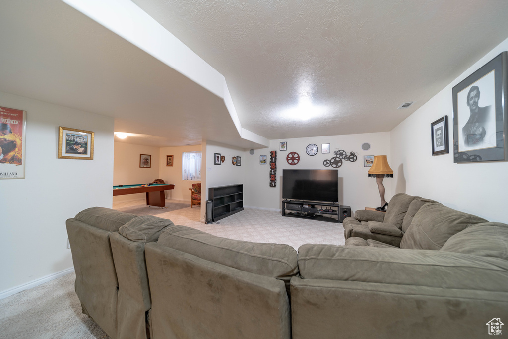 Living area with light carpet and pool table