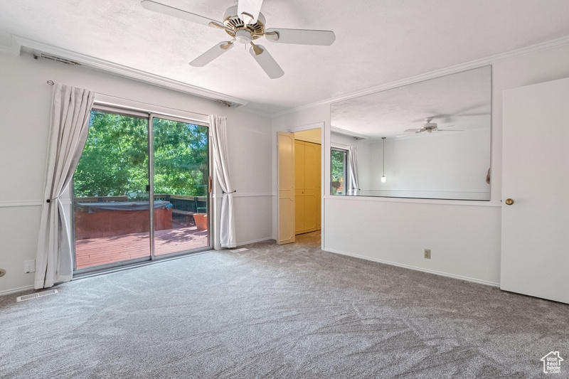 Spare room featuring ceiling fan, healthy amount of natural light, carpet flooring, and crown molding